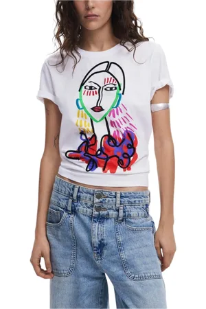 Desigual Femme, Tops, Blanc, Taille: 40 FR T-shirt Blanc à Manches Courtes Imprimé
