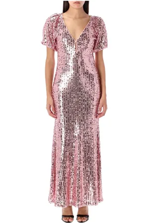 ROTATE Femme, Robes, Rose, Taille: 38 FR Robe Midi à sequins et col en V Argent Rose