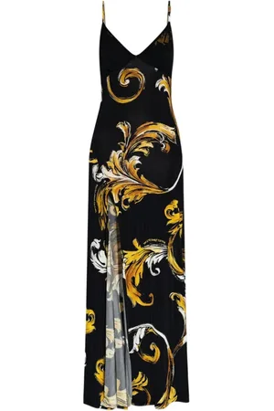 VERSACE Femme, Robes, Noir, Taille: 36 FR Robe Noire avec Imprimé Barocco et Fente