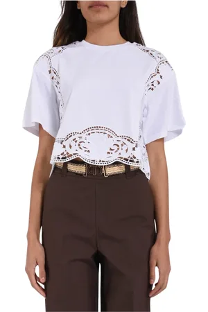Twin-Set Femme, Tops, Blanc, Taille: 36 FR T-shirt en jersey de coton avec broderie Sangallo