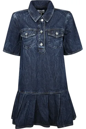 Ganni Femme, Robes, Bleu, Taille: 40 FR Robe en Denim Crinkle Lavée avec Col