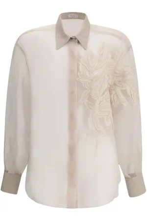 Brunello Cucinelli Femme, Blouses et Chemises, , Taille: 38 FR Chemise en soie avec détails de feuilles brodées
