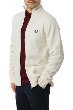 Fred Perry Homme, Pulls, Blanc, Taille: M Cardigan Côtelé Blanc Mélange Laine