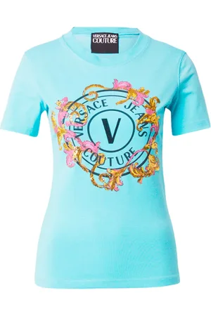VERSACE Femme, Tops, Bleu, Taille: 40 FR T-shirt avec Logo Barocco et Cristaux