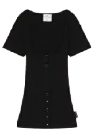 Courrèges Femme, Robes, Noir, Taille: 38 FR T-shirt côtelé noir Snaps années 90