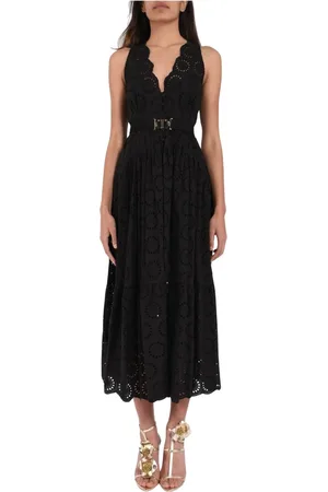 Twin-Set Femme, Robes, Noir, Taille: 38 FR Robe longue en coton Sangallo avec décolleté en V