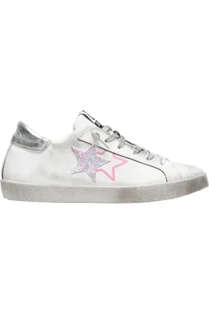 2STAR Femme, Chaussures, Blanc, Taille: 36 EU Baskets en Cuir Pailleté Argent Rose