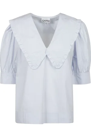 Ganni Femme, Blouses et Chemises, Bleu, Taille: 40 FR Chemisier bleu à manches courtes avec volants