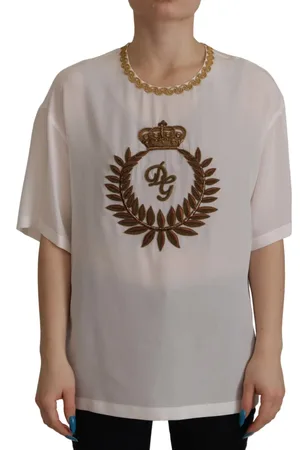 Dolce & Gabbana Femme, Tops, Blanc, Taille: 36 FR Chemisier en Soie lgant avec Broderie Couronne d