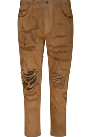 Dolce & Gabbana Homme, Pantalons, Brun, Taille: M Jean Slim Fit Marron Clair Déchiré