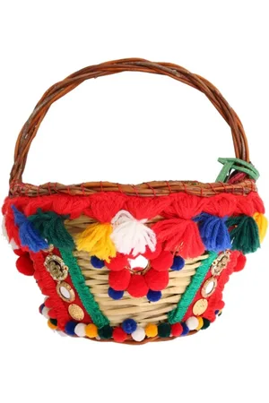 Dolce & Gabbana Femme, Sacs, Multicolore, Taille: ONE Size Exotique Beige Paille & Fourrure Pom Pom Tote