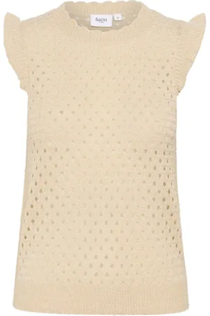 Saint Tropez Femme, Pulls, , Taille: 42 FR Gilet Tricoté avec Col Rond Crème