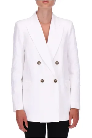 ERMANNO SCERVINO Femme, Vestes, Blanc, Taille: 40 FR Veste Blanche en Lin avec Détails en Dentelle sur les Manches
