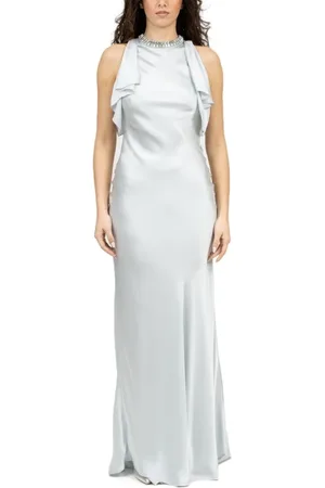 AMEN Femme, Robes, Bleu, Taille: 36 FR Robe longue en soie avec col en strass