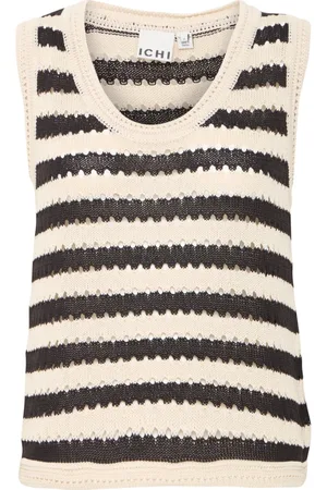 Ichi Femme, Pulls, Multicolore, Taille: 42 FR Haut Tricot Doux Noir/Rayures Lait d