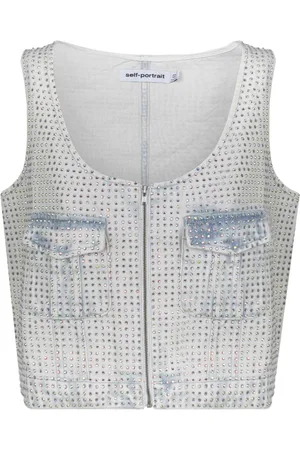 Self-Portrait Femme, Tops, Bleu, Taille: 40 FR Haut en Denim Bleu Clair avec Strass
