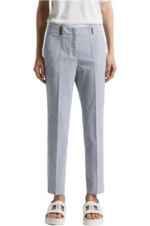 PESERICO SIGN Femme, Pantalons, Bleu, Taille: 42 FR Pantalon cigarette en coton seersucker