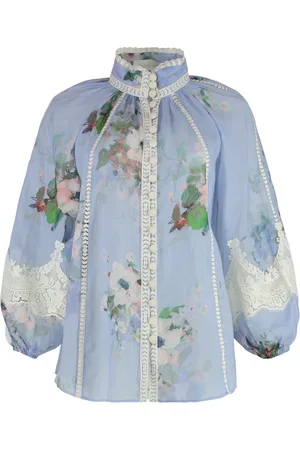 ZIMMERMANN Femme, Blouses et Chemises, Bleu, Taille: 40 FR Chemisier Fleuri en Lin avec Inserts en Dentelle