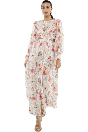 ACTUALEE Femme, Robes, Multicolore, Taille: 40 FR Robe Longue Blanche Florale En Lin