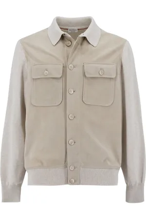 Brunello Cucinelli Homme, Vestes, Blanc, Taille: L Veste Légère en Daim et Maille de Coton