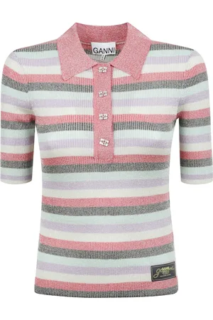 Ganni Femme, Pulls, Multicolore, Taille: 38 FR Polo Rose à Rayures avec Côtes Scintillantes
