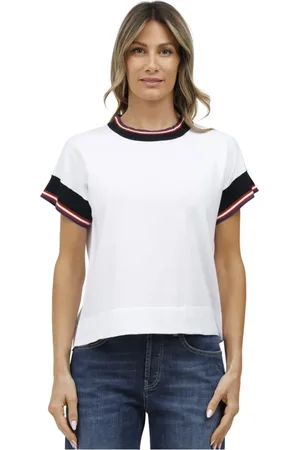 ALPHA STUDIO Femme, Tops, Blanc, Taille: 40 FR Haut à manches courtes avec bordures contrastées