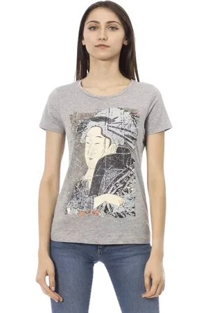 Trussardi Femme, Tops, Gris, Taille: 36 FR Tee-shirt en Coton Gris Chic avec Imprimé