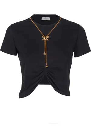 Elisabetta Franchi Femme, Tops, Noir, Taille: 38 FR T-shirt Crop en Coton Noir