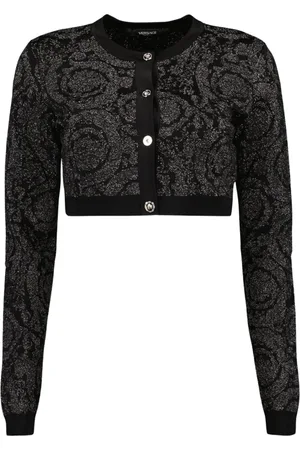 VERSACE Femme, Pulls, Noir, Taille: 36 FR Cardigan Barocco en lurex avec bordure contrastée