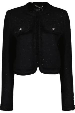 VERSACE Femme, Vestes, Noir, Taille: 36 FR Cardigan Court en Tweed avec Col Rond