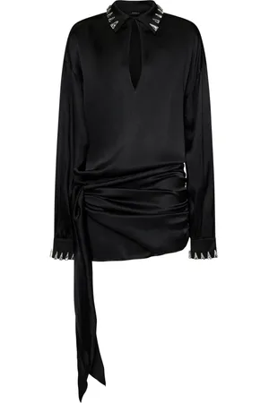 AMEN Femme, Robes, Noir, Taille: 40 FR Mini Robe en Satin de Soie Noire avec Broderie de Cristaux