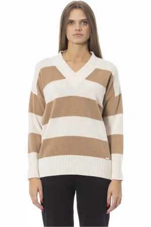 BALDININI Femme, Pulls, Multicolore, Taille: 40 FR Pull en laine à col en V avec détails côtelés