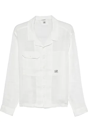 C.P. Company Homme, Chemises, Blanc, Taille: XL Chemise en lin blanc avec logo imprimé