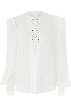 GENNY Femme, Blouses et Chemises, Blanc, Taille: 40 FR Chemisier en Soie Perles Blanc Manches Longues