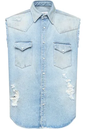 Maison Margiela Homme, Chemises, Bleu, Taille: S Chemise Bleue Claire Déchirée avec Poches