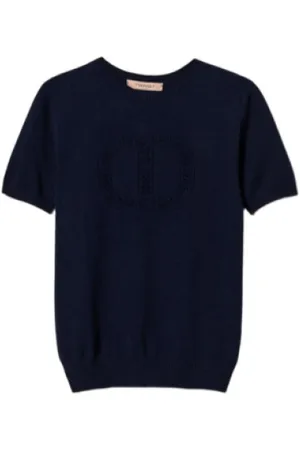 Twin-Set Femme, Tops, Bleu, Taille: 40 FR T-shirt Bleu Nuit avec Logo Floral
