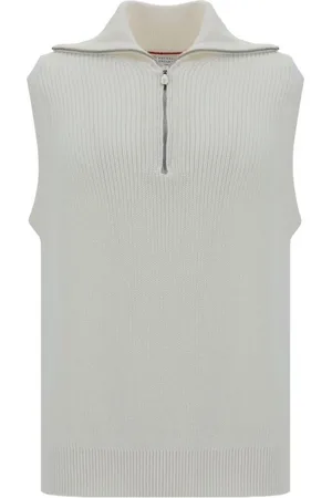 Brunello Cucinelli Homme, Pulls, Blanc, Taille: S Gilet en Coton Côtelé à Demi-Zip Col Haut
