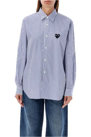Comme des Garçons Femme, Blouses et Chemises, Bleu, Taille: 36 FR Chemise à Rayures Bleues avec Patch Cœur