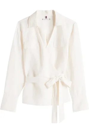 Tommy Hilfiger Femme, Blouses et Chemises, Jaune, Taille: 42 FR Chemisier Croisé en Lin Pétale Ivoire