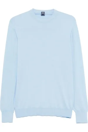 FEDELI Homme, Pulls, Bleu, Taille: 2XL Pull en Coton Bleu à Col Rond