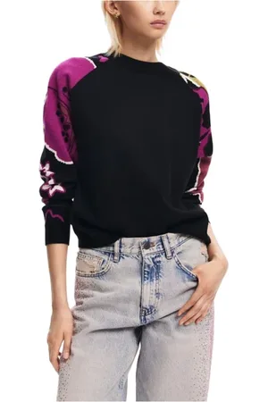 Desigual Femme, Pulls, Noir, Taille: 38 FR Pull Noir à Fleurs Tricoté