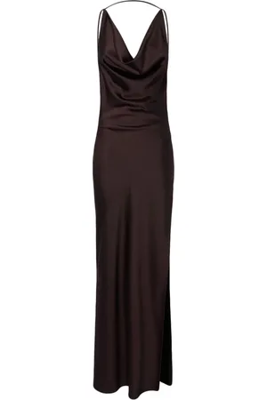 Andamane Femme, Robes, Brun, Taille: 38 FR Robe Maxi en Satin Marron avec Col en V