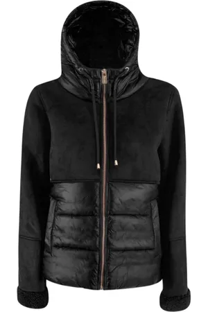 YES ZEE BY ESSENZA Femme, Vestes, Noir, Taille: 36 FR Veste à capuche matelassée en fausse fourrure