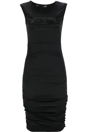 Moschino Femme, Robes, Noir, Taille: 38 FR Robe Élégante Sans Manches avec Logo - Style Ruché Latéral