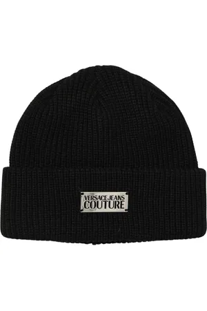 VERSACE Homme, Accessoires, Noir, Taille: ONE Size Bonnet noir en tricot côtelé avec patch logo