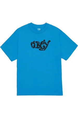 Obey Homme, Tops, Bleu, Taille: S Marker Tee Coton Bleu Logo Imprimé