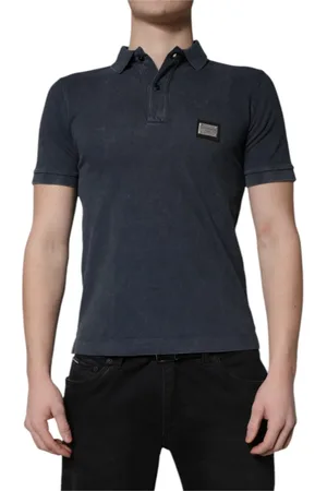 Dolce & Gabbana Homme, Tops, Bleu, Taille: S Polo en Coton Bleu Foncé avec Logo Plaque
