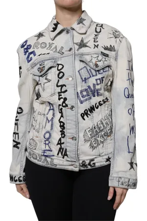 Dolce & Gabbana Femme, Vestes, Bleu, Taille: 36 FR Veste en Denim Bleu Clair Graffiti