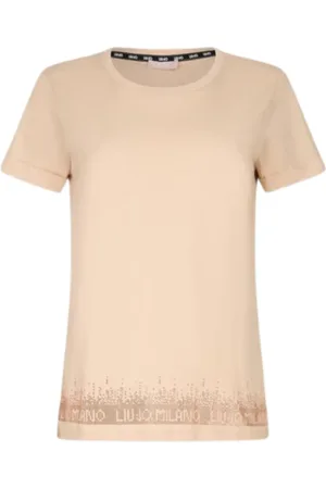 Liu Jo Femme, Tops, Blanc, Taille: 38 FR T-shirt Beige Col Rond Manches Courtes en Coton