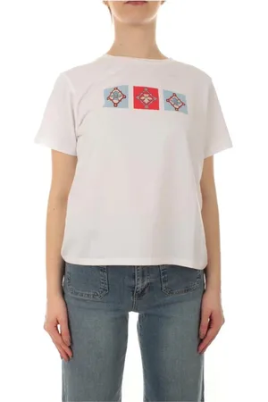 MARELLA Femme, Tops, Blanc, Taille: 38 FR T-shirt en Coton Blanc avec Impression Strass